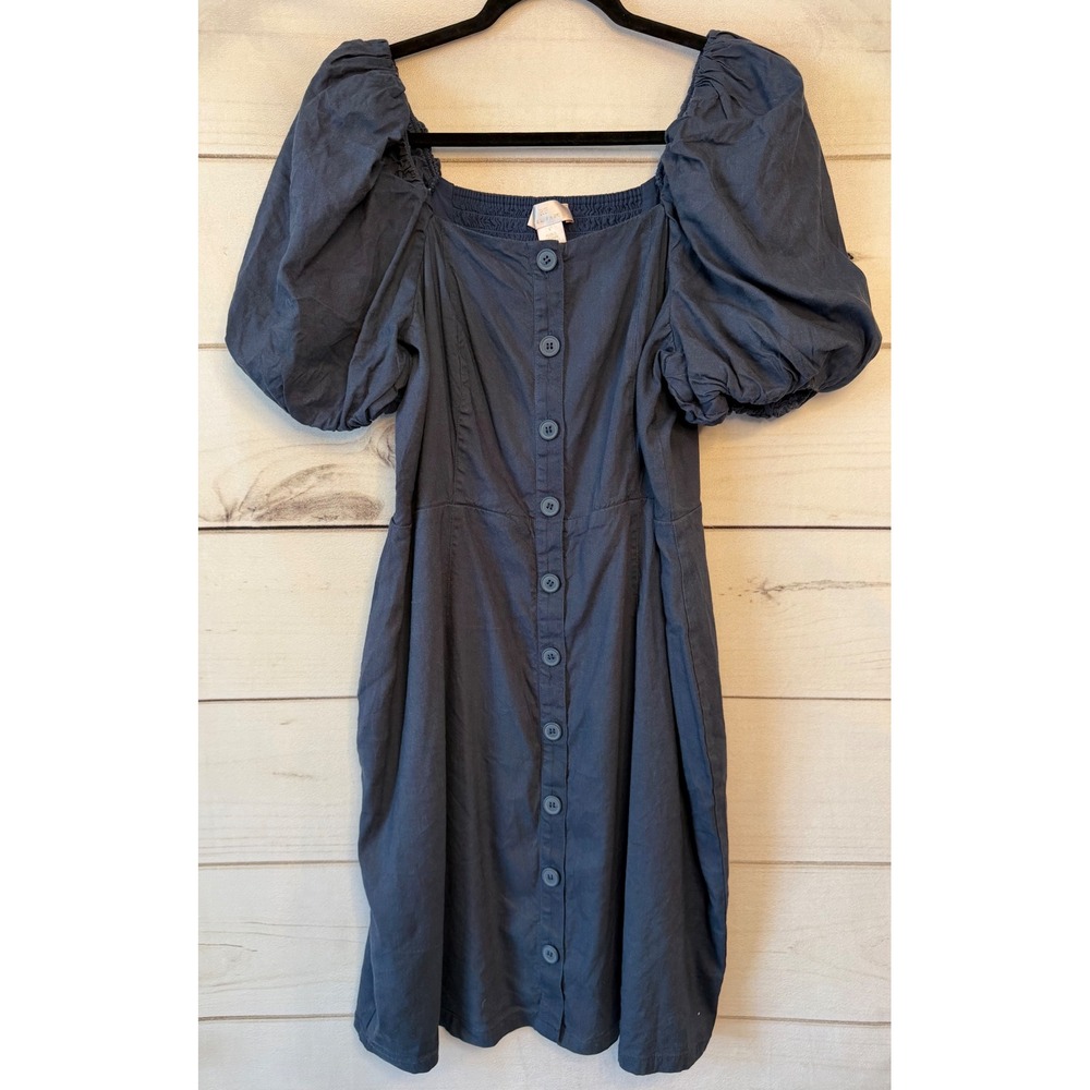 Rachel Parcell Navy Blue Linen Blend Puff Sleeve Button Front Midi Dress Large